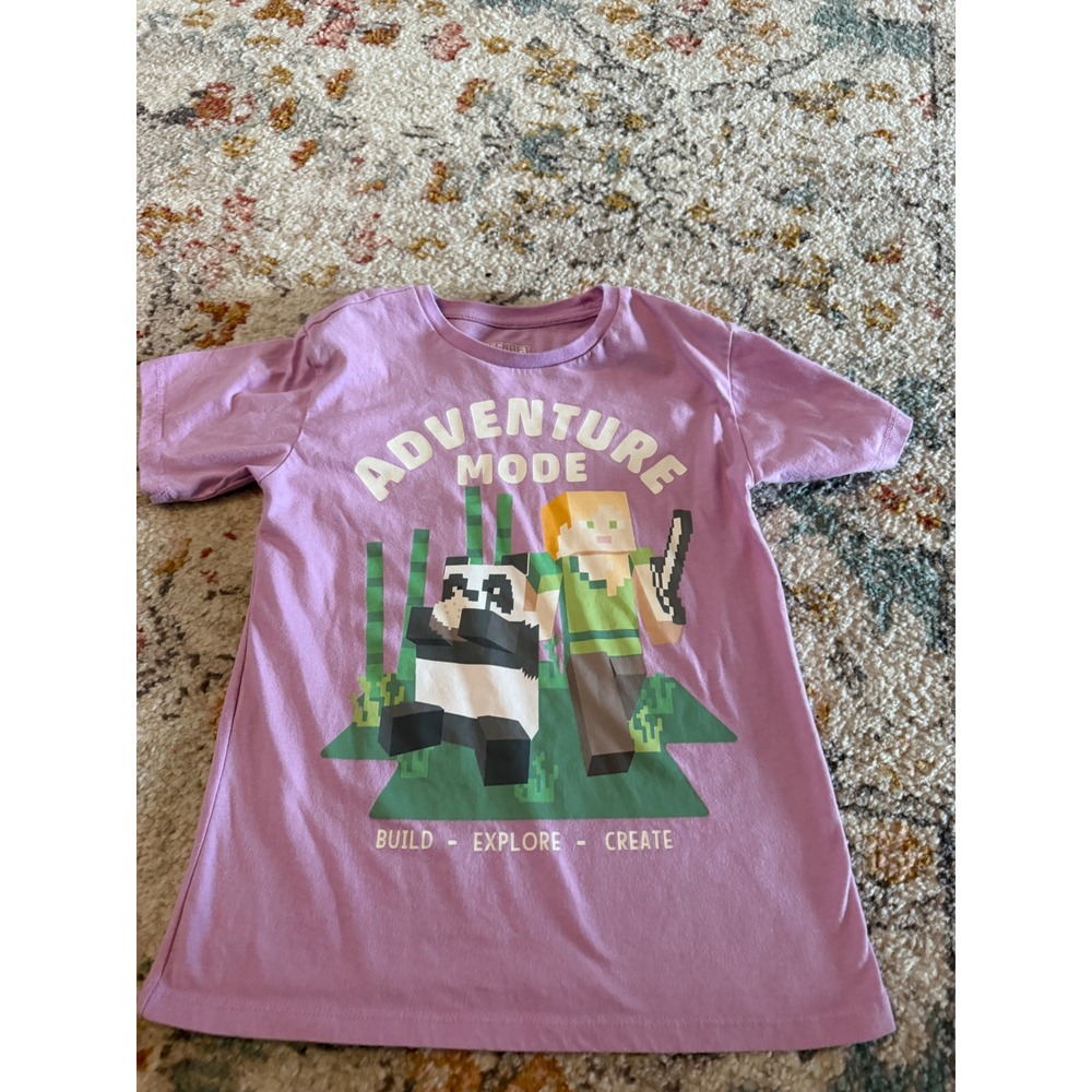 Minecraft Adventure Mode Alex Panda Purple Graphic Tee Shirt Kids Medium 7/8